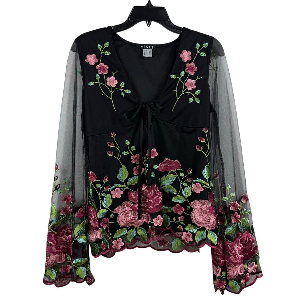 Venus Black Mesh Floral Heavily Embroidered Corset Tie V Neck Top Flared Sleeve